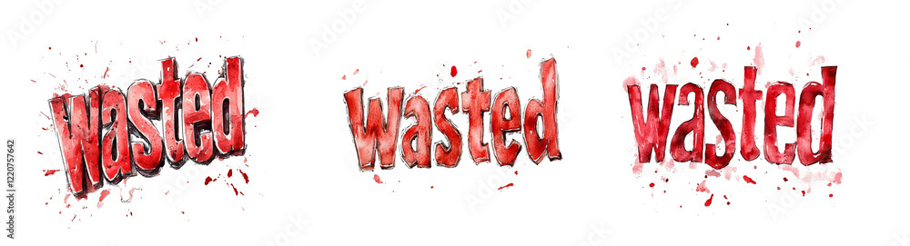 Poster The image showcases three variations of the word Wasted rendered in a red watercolor style with paint splatters.