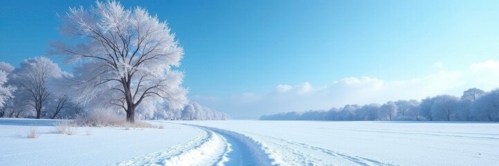 Frozen landscape with bare trees under a clear blue sky, winter, icy