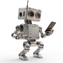 Naklejka premium Retro style robot with mechanical features holding a smartphone on a white background