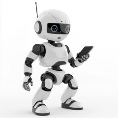 Futuristic white robot with humanoid features holding a smartphone on a white background