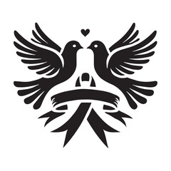 Two doves with a ribbon in their beaks, embodying love - Dove silhouette - Dove vector - Dove illustration - valentine silhouette - love silhouette
