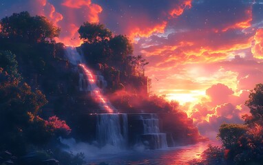 Pink Sunset Waterfall Cliff Scenic Nature Painting