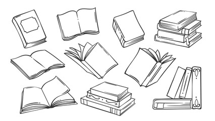 Open and closed paper classic books, literature in stack line icon set. Outline hand drawn vintage notebook and encyclopedia, poetry and novel. Library mascots, simple books icons vector illustration