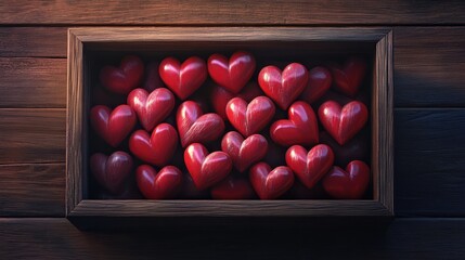 Gift box filled with red hearts on wooden surface for special occasions