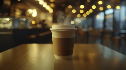 Steaming latte on a wooden table, soft bokeh background, cozy cafe ambiance. Warmth and comfort in every sip.