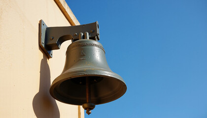 School bell mounted on wall against clear sky for Back to School theme with copy space