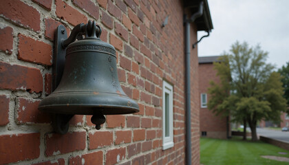 Obraz premium Rustic school bell mounted on brick wall for Back to School theme with copy space