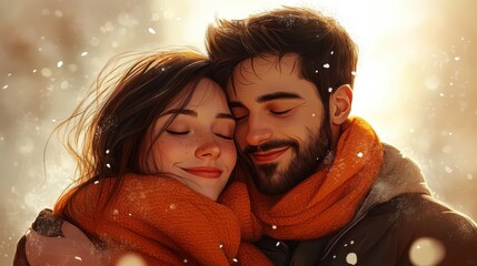 Romantic winter portrait of happy couple embracing in snowy outdoor setting