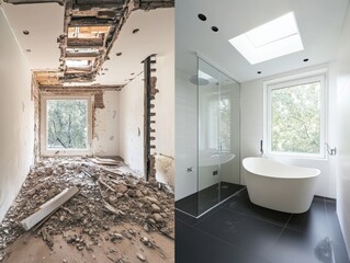 A picture shows a bathrooms transformation before and after remodeling
