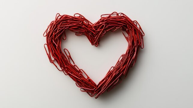 Heart shaped red paperclips arrangement on white background for office and valentine's day decor