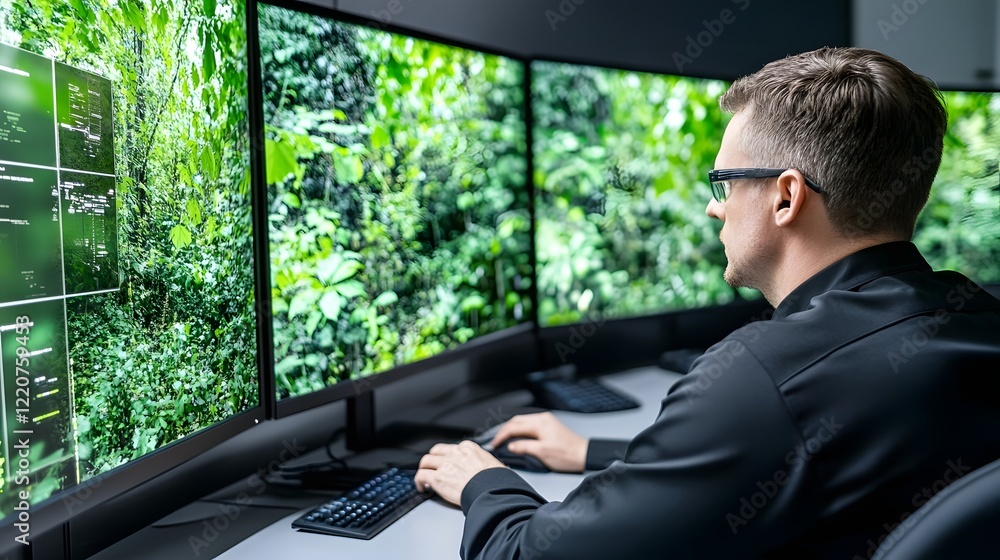 Poster team of engineers analyzing production data on large screens in a control room