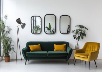 A living room with a green couch, yellow chair, and mirrors