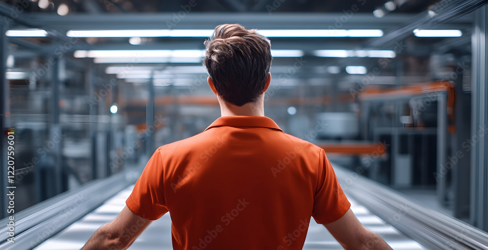 Poster engineer supervising high-tech automated manufacturing processes in a modern factory
