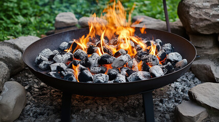 Burning Embers in a Charcoal Bowl Outdoors