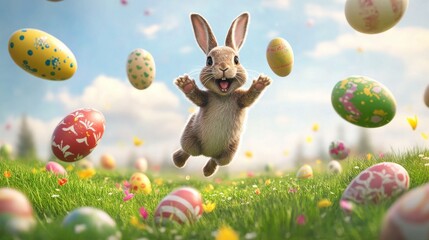 happy Easter bunny jumping with joy with many Easter eggs