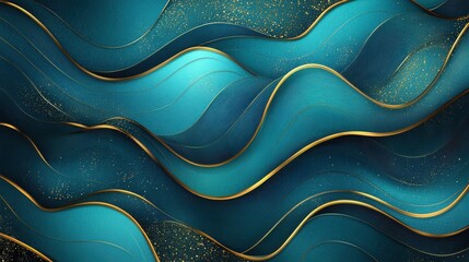 Turquoise abstract background with golden wavy pattern. Art deco ornament vector illustration