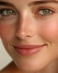 Fototapeta premium Close-up of young caucasian female with freckles and green eyes smiling