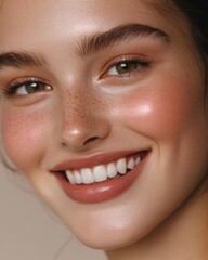 Smiling young caucasian female with freckles and brown eyes close-up