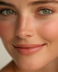 Fototapeta premium Close-up portrait of young caucasian female with green eyes and natural makeup