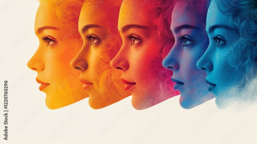 Poster a series of five profile portraits of a woman using a gradient color palette each face expressing su