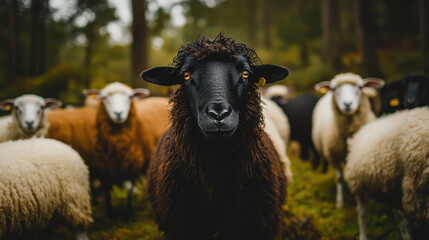 Obraz premium The Black Sheep In The Herd Of White Sheep