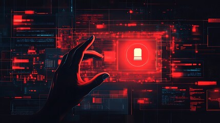 A hand touching a digital screen with a red warning