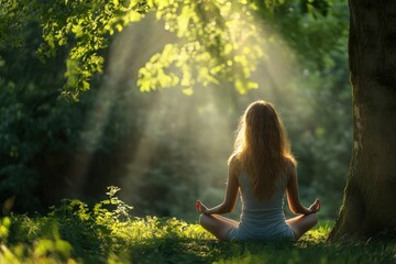 A woman sits in a lotus position in the woods, eyes closed