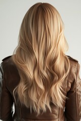 Naklejka premium Blonde wavy hair on female adult in brown leather jacket from behind