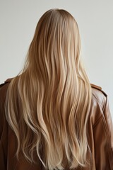 Naklejka premium Blonde woman with long hair in brown jacket viewed from behind