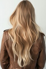 Naklejka premium Caucasian female adult with long blonde hair in brown leather jacket