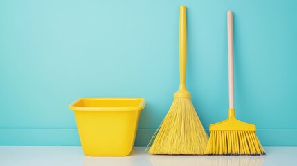 Broom and dustpan placed side by side on a clean surface, set against a soft blue background