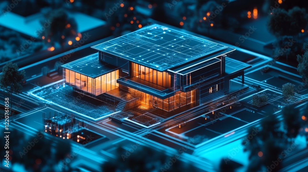 Poster a detailed project plan featuring a modern house blueprint and a generative ai-rendered 3d house vis