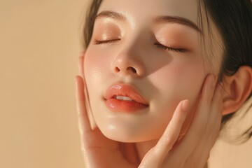 Fototapeta premium A close up of a womans face with eyes closed and hand on face