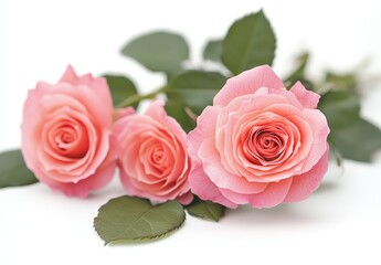 Naklejka premium Three pink roses with green leaves on a crisp white background