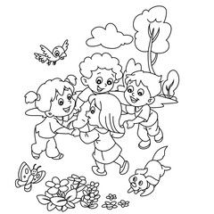 Cute cartoon hand drawn vector Ringa Ringa Roses, Kids English Nursery Rhymes coloring page.