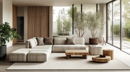 A minimalist open-plan living room showcasing a modular sofa, plaid, tropical plants, and natural wood coffee tables for a serene vibe.