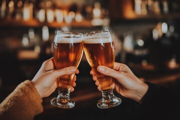Two individuals in a lively bar are jubilantly toasting with their beer mugs