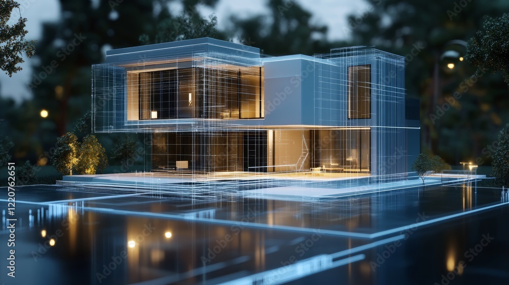 Poster a modern house blueprint and an interactive 3d model displayed on a table, showcasing the power of g
