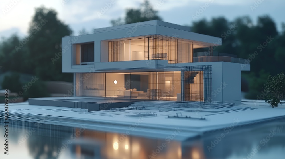 Poster a modern house blueprint and an interactive 3d model displayed on a table, showcasing the power of g
