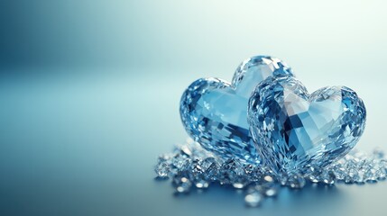 Sparkling crystal hearts on blue background for romantic and elegant designs