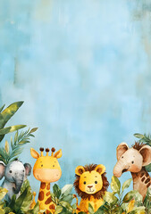 Naklejka premium A colorful illustration featuring cartoon animals among tropical foliage.