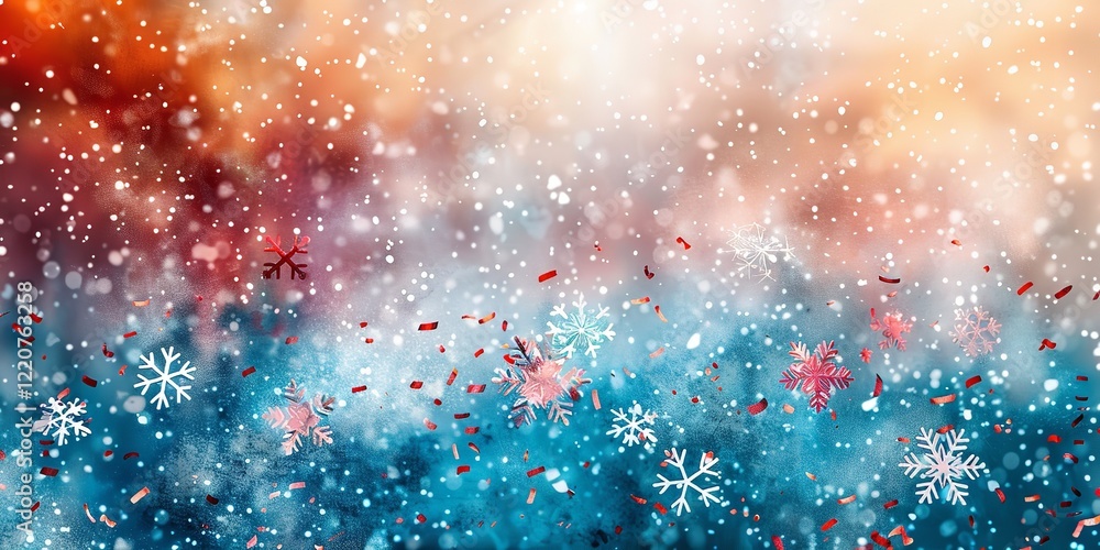 Poster a detailed view of joyful confetti snowflakes falling from the sky in watercolor including subtle li