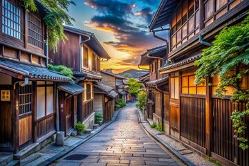 Obraz premium Higashiyama District Kyoto: Traditional Japanese Street Scene, Old Town Charm, Wooden Architecture, Tranquil Alleyway, Ancient Cityscape