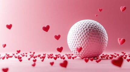 Romantic golf theme with white ball and red hearts on pink background