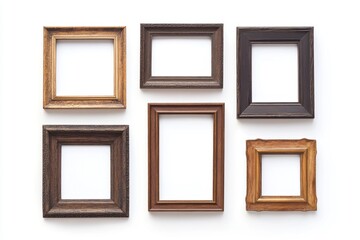 Assorted empty wooden picture frames on white background