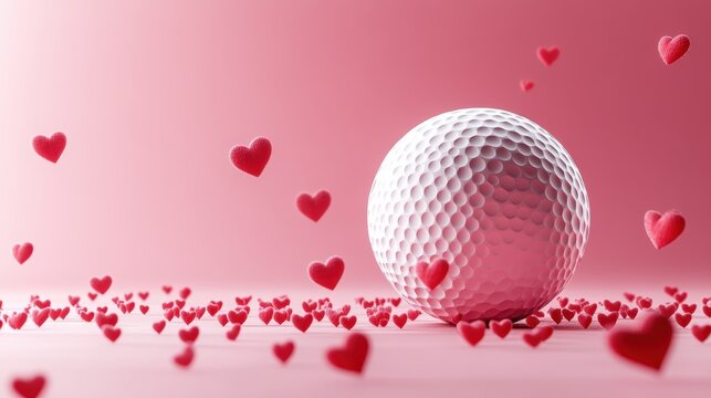 Romantic golf theme with white ball and red hearts on pink background