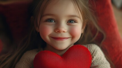 Little girl holding red heart pillow at home with joyful expression