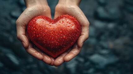 Obraz premium Close-up of hands holding a wet, red heart-shaped object against a blurred, textured background