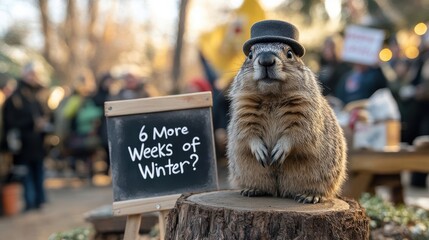 Groundhog with Top Hat Next to Sign