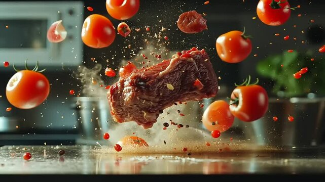 Delicious Flying Steak and Tomatoes: A Culinary Action Shot